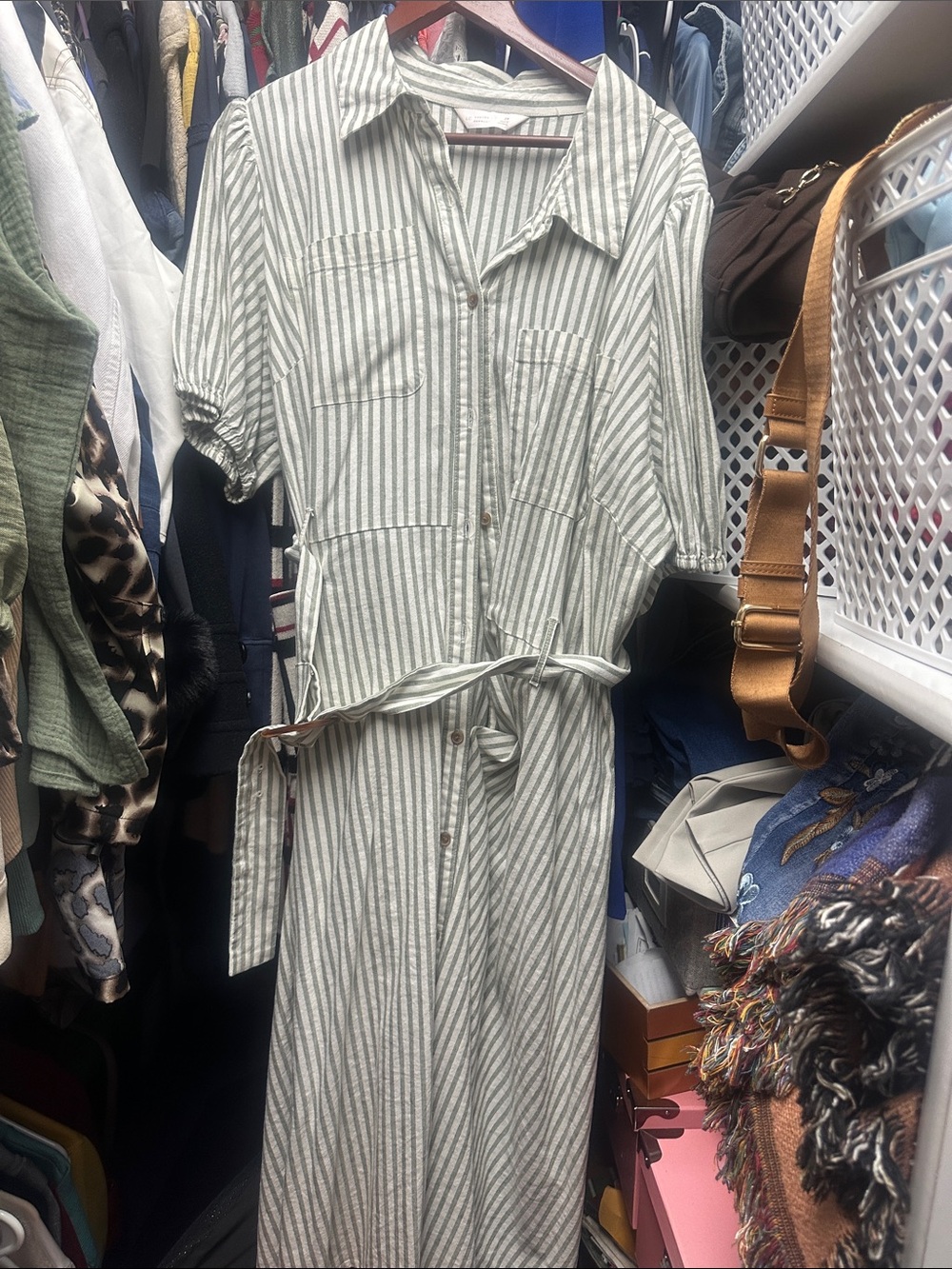 LC Lauren Conrad Green and White Striped Maxi Shirt Dress